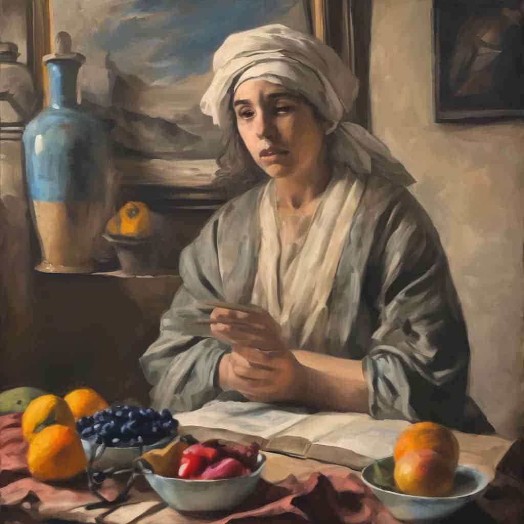 Παραδοσιακή γυναίκα με κεφαλοκάλυμμα, χειροποίητα έργα, γαλάζιο βάζο και φρούτα σε ελαιογραφία, τέχνη της εναλλαγής μορφών.