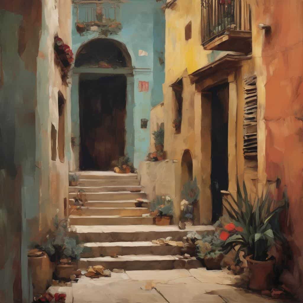 Παραδοσιακή αθηναϊκή γειτονιά με πολύχρωμα σπίτια και πέτρινα σκαλοπάτια, ελκυστικό τοπίο τέχνης και φύσης.