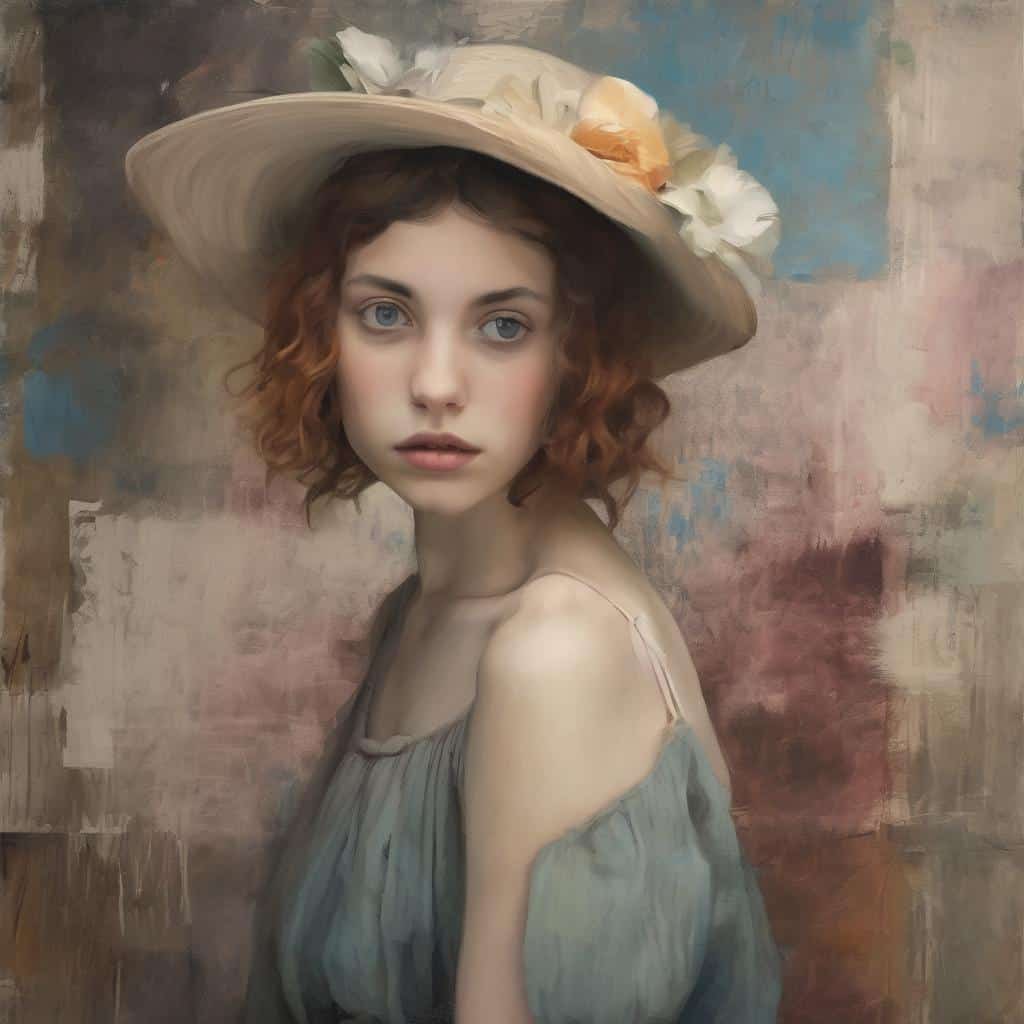 Ρούχο καπέλο με λουλούδια, πορτρέτο νεαρής γυναίκας, τέχνη της εναλλαγής μορφών και υλικών, ρεαλιστική ζωγραφική, κομψότητα και θηλυκότητα.
