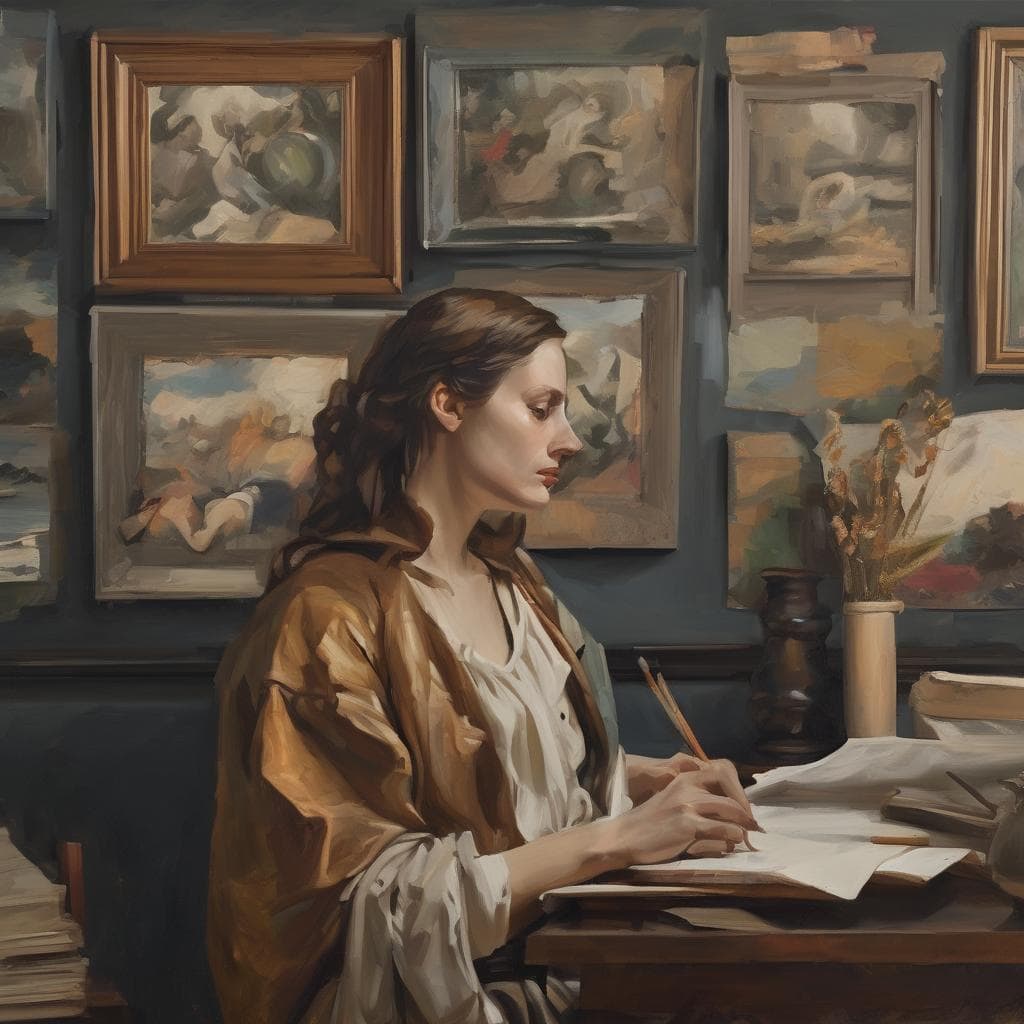 Πολυμίγμα τέχνης, εναλλαγή μορφών και υλικών σε ζωγραφική, με γυναίκα καλλιτέχνη στην έμπνευση.