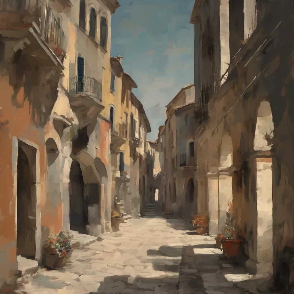 Ζωγραφιά της Τέχνης της Εναλλαγής των Μορφών και των Υλικών σε παλιά βενετσιάνικη γειτονιά.