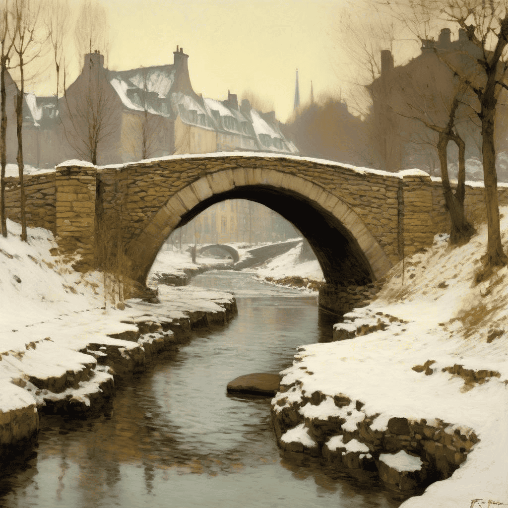 A Stone Bridge Over a Stream in Winter – Frits Thaulow